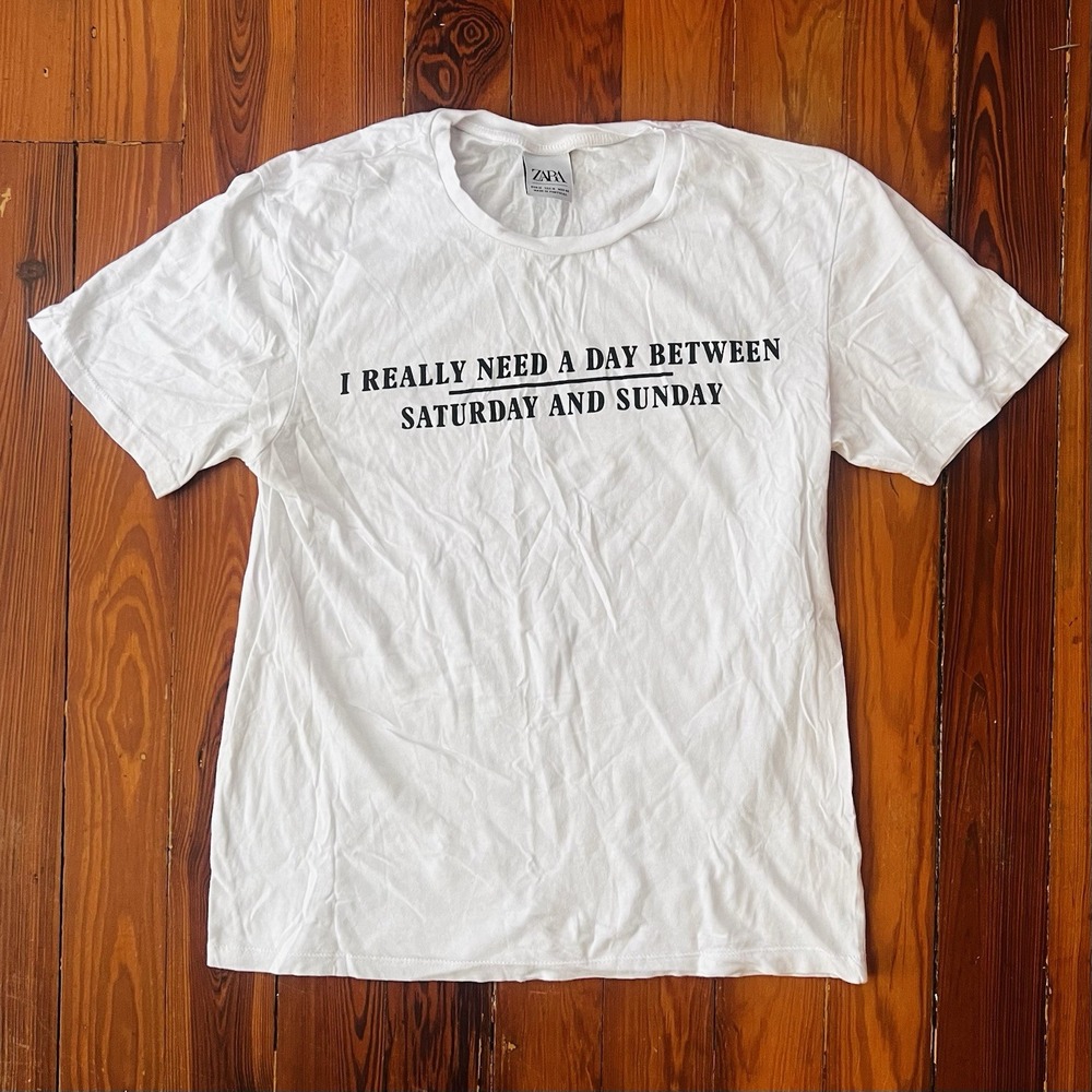 ZARA Graphic Slogan T-Shirt Men's Mβ Cotton White Short Sleeve weekend slogan